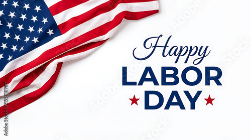 Minimalist Happy Labor Day banner with draped American flag on white background