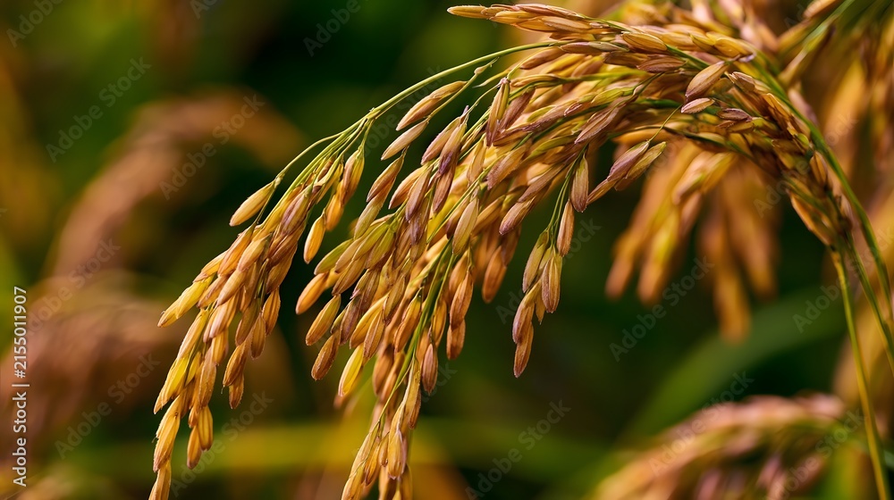 Fototapeta premium Golden rice stalks captured in close seasonal detail beneath crisp diffused light highlighting minute surface structures for nature inspired