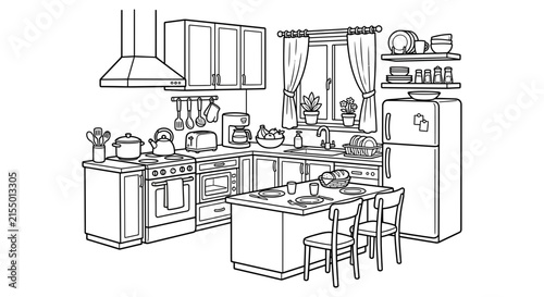 Detailed kitchen interior scene is presented as a black and white silhouette