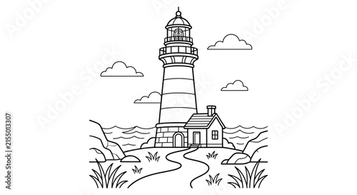 Coastal lighthouse and keeper s house illustration with surrounding landscape black silhouette