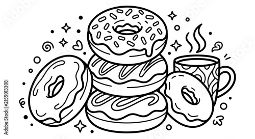Fotografía Arrangement of donuts and a steaming mug presented as a black silhouette