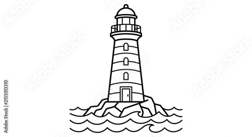 Coastal lighthouse with rocky base and waves is depicted as a black silhouette