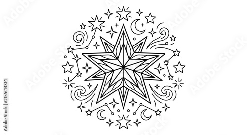 Star surrounded by celestial shapes is a black and white silhouette
