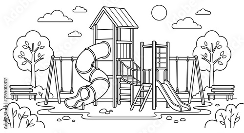 Playground equipment with swings slide and tower is depicted as a black silhouette