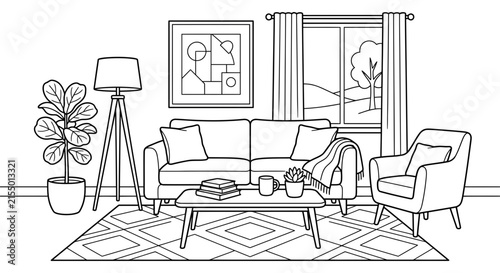 Living room interior with furniture and plants a black and white silhouette