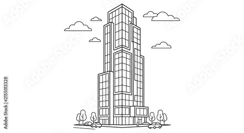 Detailed skyscraper drawing with trees and clouds presents a black silhouette