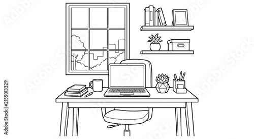 Desk setup with laptop and window view black and white silhouette