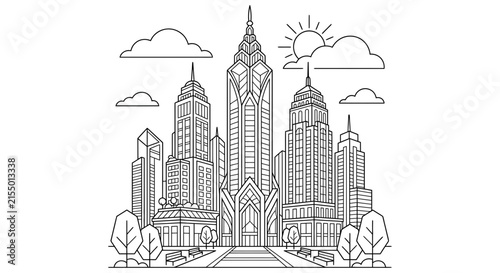 Detailed cityscape illustration with buildings clouds and sun appears as a silhouette