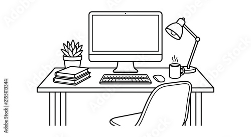 Desk setup with computer books and lamp black and white silhouette