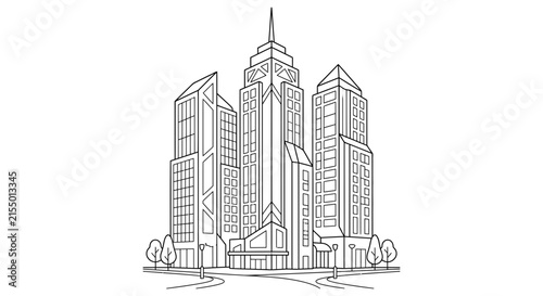 Detailed cityscape drawing with multiple skyscrapers and trees black line silhouette