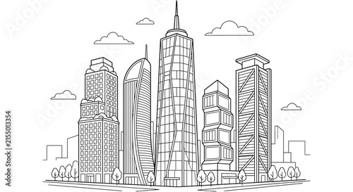 City skyline with skyscrapers and clouds presented as a black silhouette