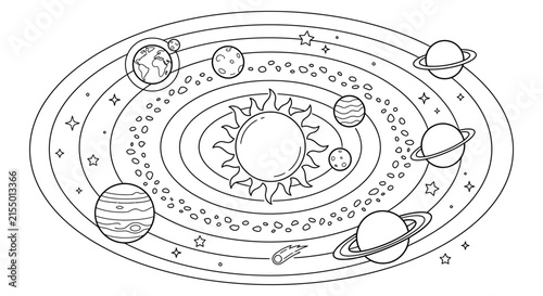 Solar system planets and sun depicted as a black line silhouette