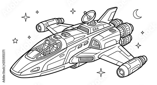 Detailed spaceship illustration with stars and crescent moon black line silhouette