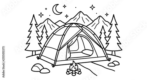 Camping scene with tent mountains and campfire is depicted as a silhouette