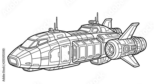 Detailed spaceship silhouette with engines and cockpit features a stark black outline