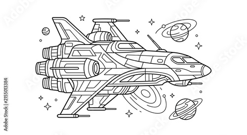 Detailed spaceship illustration with planets and stars is a black silhouette