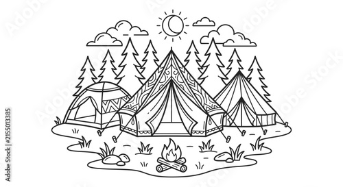 Camping scene with tents trees and campfire is presented as a black silhouette