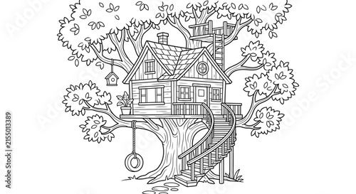 Detailed treehouse illustration with surrounding foliage is presented as a silhouette