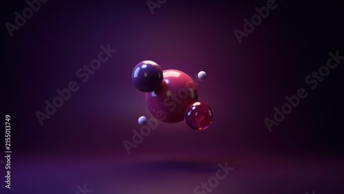 Floating glossy spheres arranged in deep purple minimalist abstract composition for modern design background with moody monochromatic backdrop