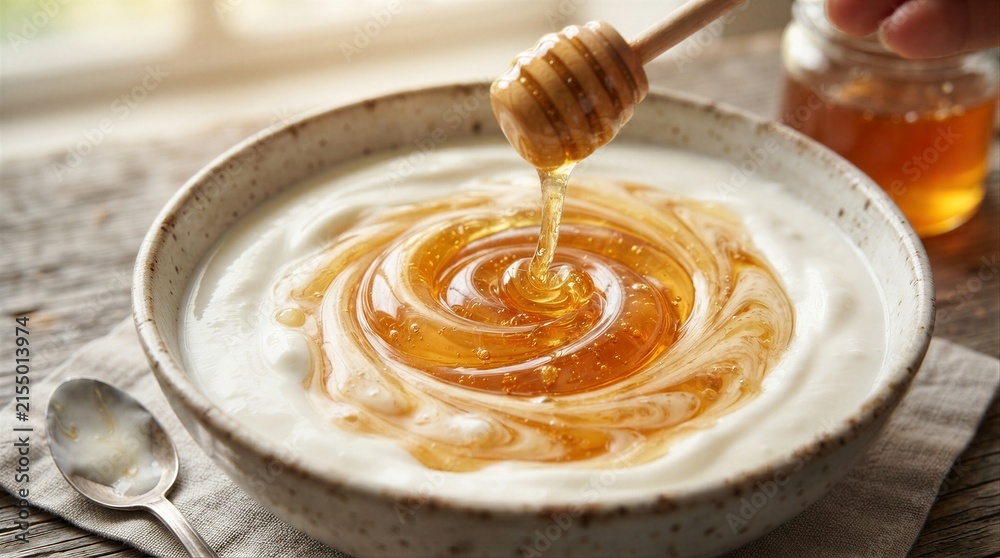 Fototapeta premium Honey drizzling into yogurt bowl on wooden table