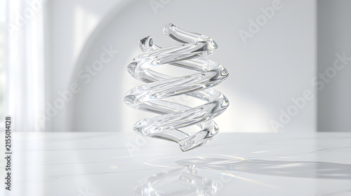 Abstract Liquid Glass Twist Sculpture Floating on White Marble Table Modern Translucent Helix Crystal Art Studio Interior Background High Quality Stock Photo
