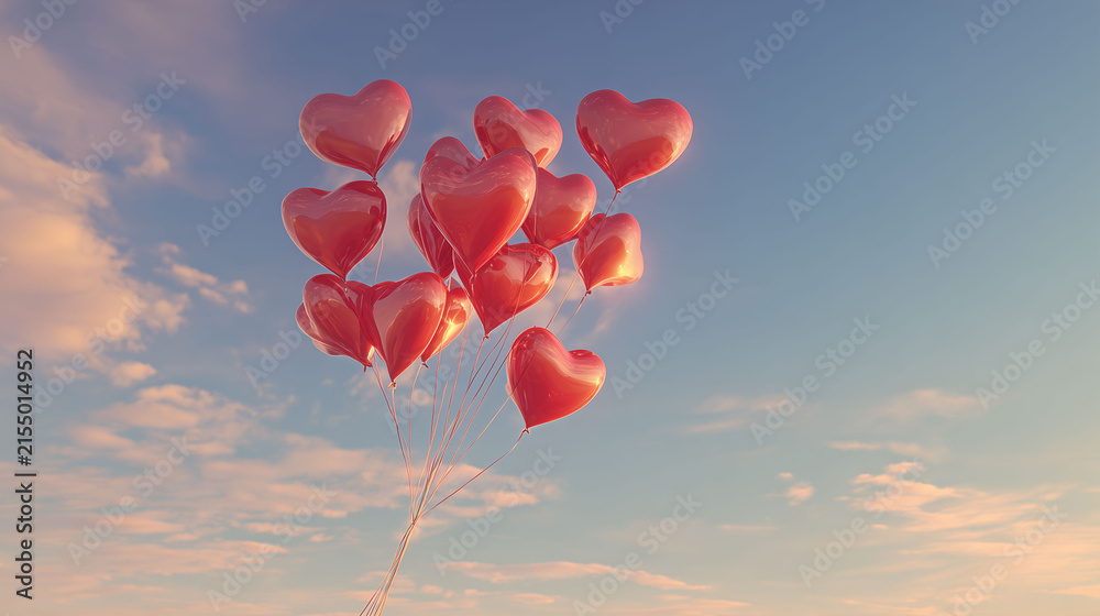 Fototapeta premium Bundle of shiny red heart balloons tied together floating at sunset sky