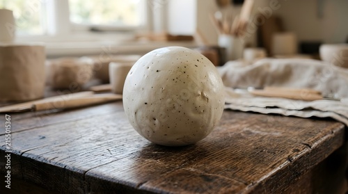 Handmade Unfinished Ceramic Clay Sphere Ball on Wooden Workbench Pottery Studio Background Craftsmanship Handcrafted Art Concept High Quality Stock Photo
