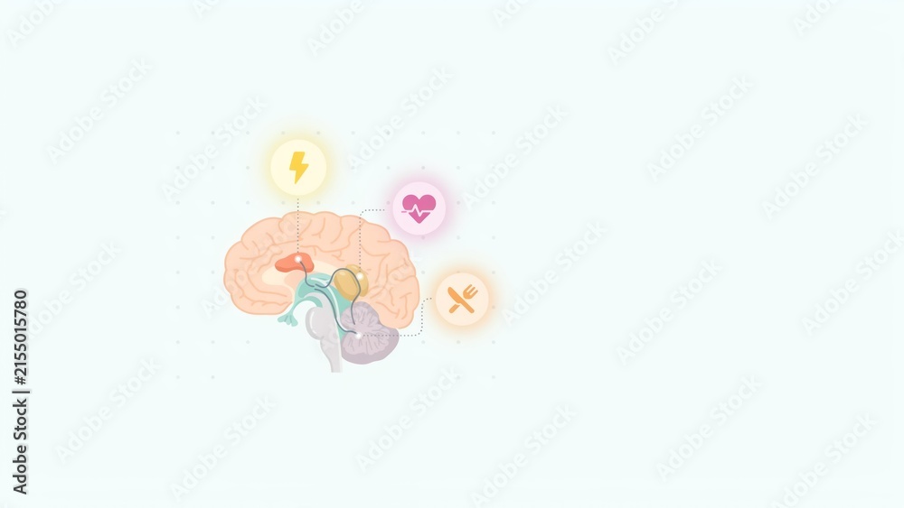 Fototapeta premium Human brain anatomy diagram showing neural connections linked to vital physiological functions with highlighted regions connected connected icons