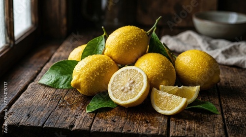 A rustic collection of whole and sliced lemons with green leaves on a dark wooden table surface.