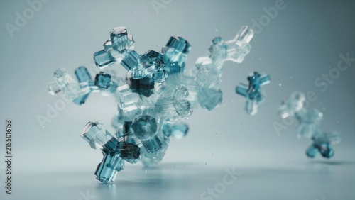 Abstract transparent blue geometric crystal structures floating against soft light gray studio background surface with cluster translucent blue