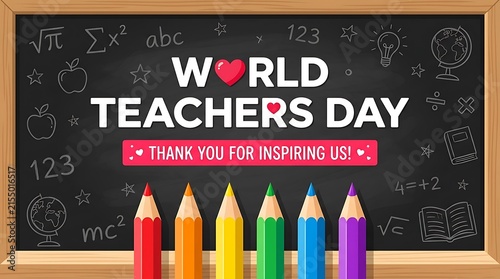 World teachers day greeting card featuring colorful pencils and a chalkboard background with math equations and text