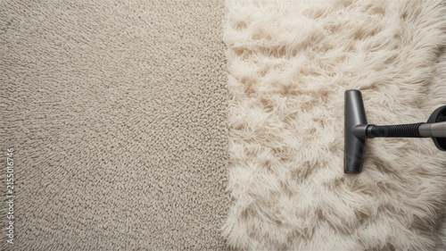 Vacuum cleaner head cleaning a soft white shaggy rug surface with textured carpet background in a bright modern home interior