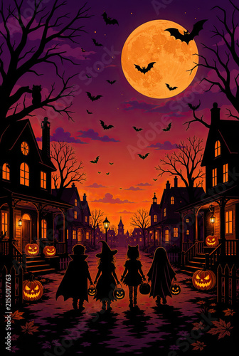 Happy Halloween poster. Children in spooky costumes walking along a neighborhood street at twilight with glowing jack-o-lanterns under a large harvest moon and flying bats.