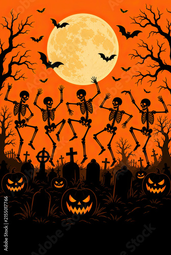 Happy Halloween poster. Group of skeletons dancing in a spooky graveyard with jack-o'-lanterns, bats, and a full moon on an orange background for Halloween celebration.