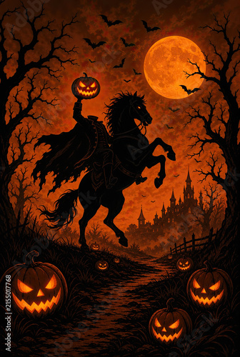 Happy Halloween poster. Headless horseman riding a black horse past a creepy castle under a full orange moon with jack-o-lanterns in a pumpkin patch during a dark night.