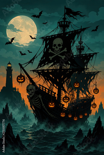 Happy Halloween poster. Halloween ghost ship sailing on sea with glowing jack-o'-lanterns, skeleton figurehead, lighthouse, full moon and bats in a dark mysterious atmosphere.