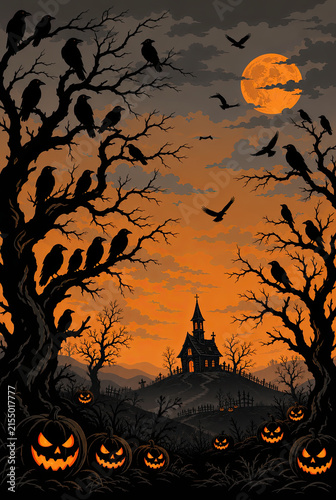Happy Halloween poster. Spooky night scene with a dark church on a hill, glowing jack-o'-lanterns, and many crows sitting on bare trees under a full moon in a foggy orange sky.