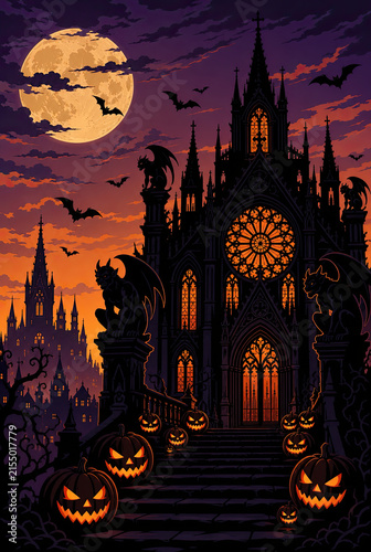 Happy Halloween poster. Gothic castle silhouette at night with full moon, glowing carved pumpkins on stairs, and flying bats under a sunset sky for a festive holiday celebration.