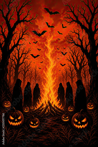 Happy Halloween poster. Figures in robes standing around a bonfire in a dark forest surrounded by carved pumpkin lanterns and flying bats during a spooky night.