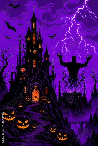 Happy Halloween poster. Scary laboratory landscape at night with a giant monster figure, lightning, glowing jack-o'-lanterns, and spooky castle silhouette for Halloween celebration.