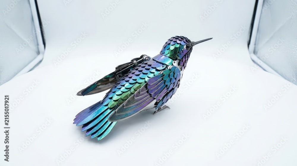 Naklejka premium A vibrant hummingbird shaped biomimetic drone with iridescent metallic feathers on a white surface.