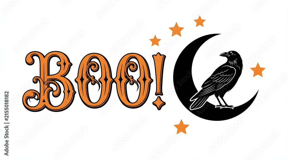 Naklejka premium A charming halloween typographic design featuring the word 'boo ' with a spooky raven and celestial elements