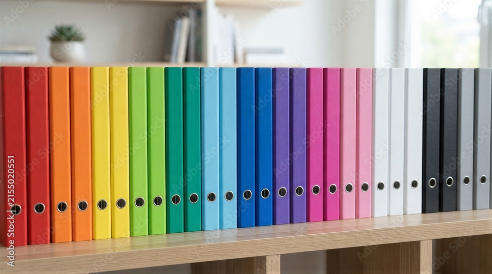 Fototapeta premium Row of colorful binders arranged on wooden office shelf