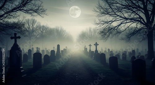 Spooky graveyard at night with a full moon shining through thick fog and dark bare winter trees