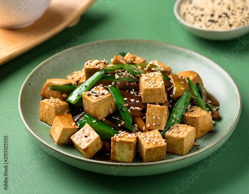 sage green background tofu stir fry with sesame