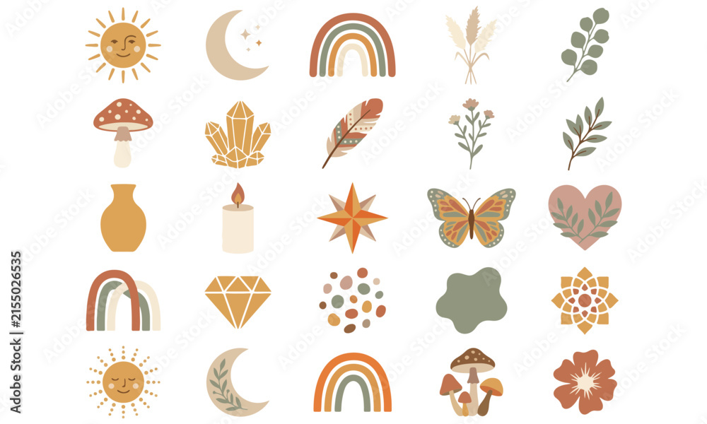 Fototapeta premium Mystical Boho Celestial Magic and Botanical Vector Sticker Set