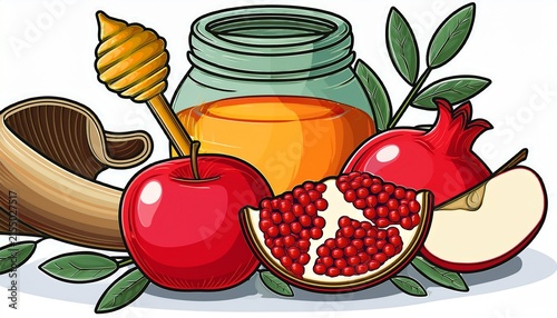 rosh hashanah symbols with honey apples shofar and pomegranate