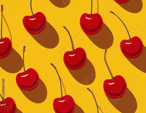red cherries yellow background modern minimal pattern summer fresh vibrant repetition abstract wallpaper food flatlay shadows concept design aesthetic rockabilly backdrop cute wallpaper edgy creative