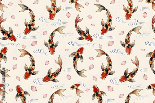 Japanese Koi Fish Pattern with Lotus on Ivory Background