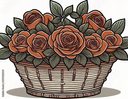 line art drawing of rose in woven basket